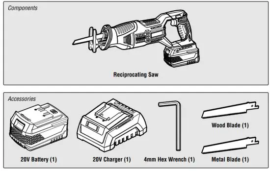 WEN 20630 20v Brushless Reciprocating Saw - Components