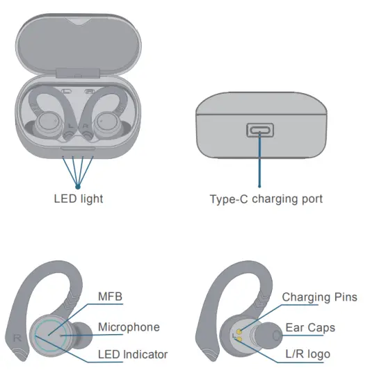 APEKX BE1033 Twin Wireless Earbuds With Charging Case - DIAGRAM