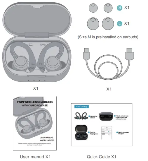 APEKX BE1033 Twin Wireless Earbuds With Charging Case - PACKING LIST