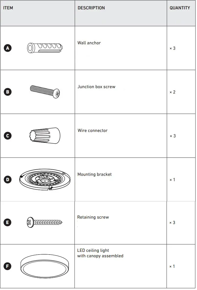 Artika 15FM-WO LED ceiling light Instruction Manual - INCLUDED HARDWARE