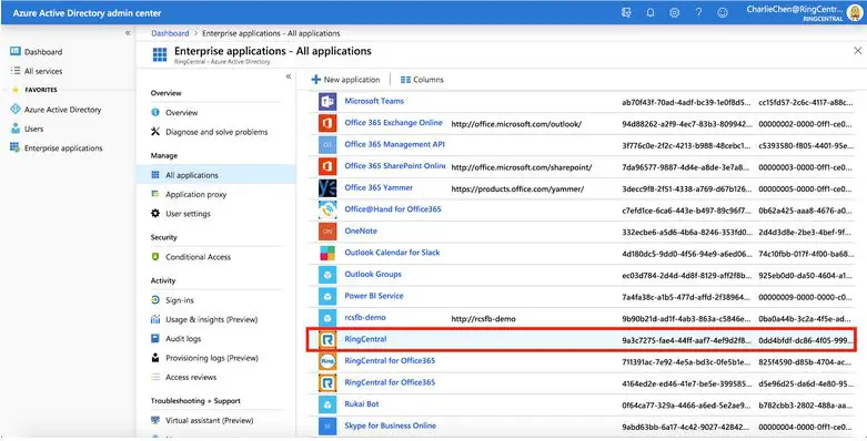 RingCentral App - Using the Azure AS portal  2