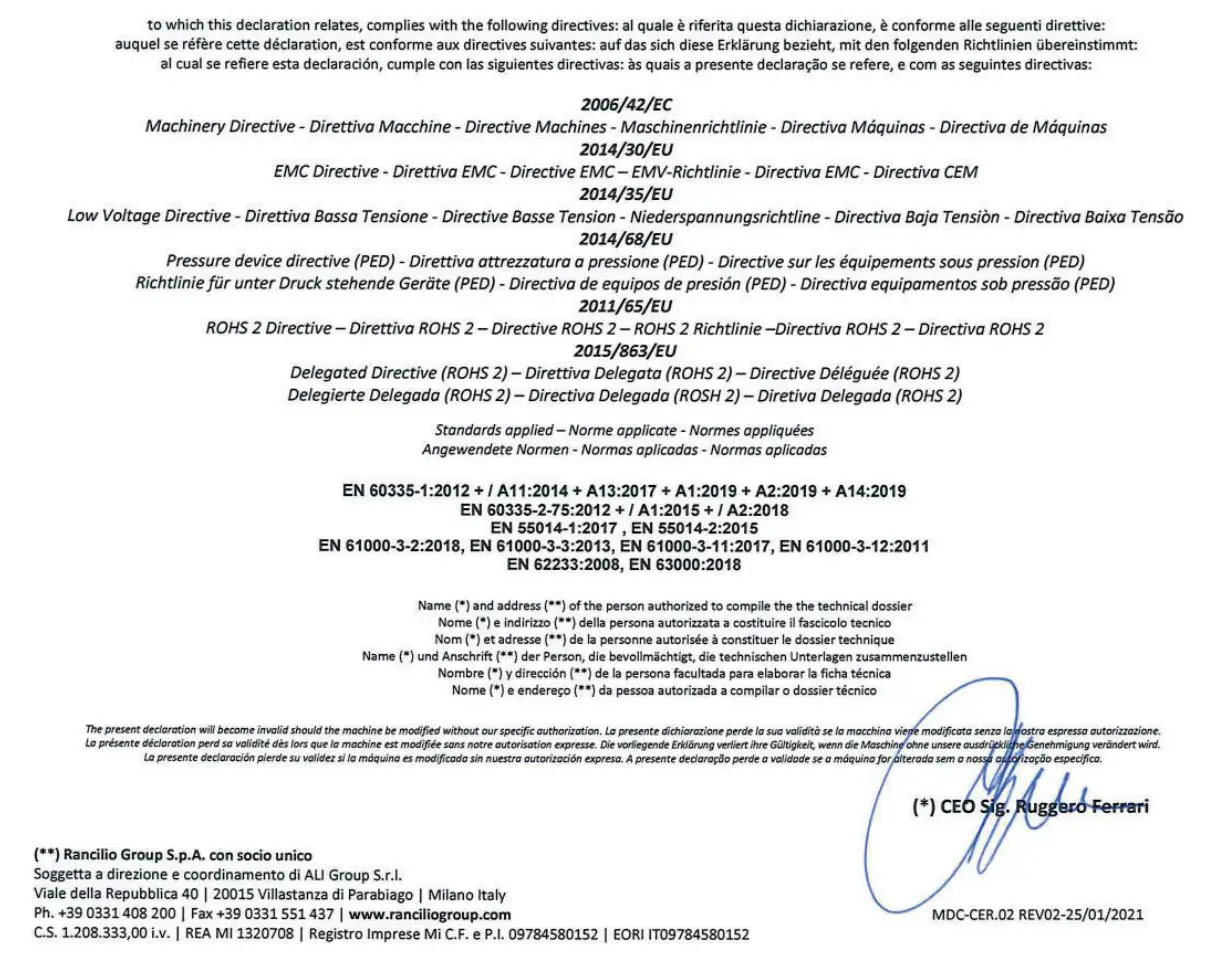 RANCILIO 019-CLASSE9S3 Document Set Classe 9 Espresso Machine Datasheet - Signature