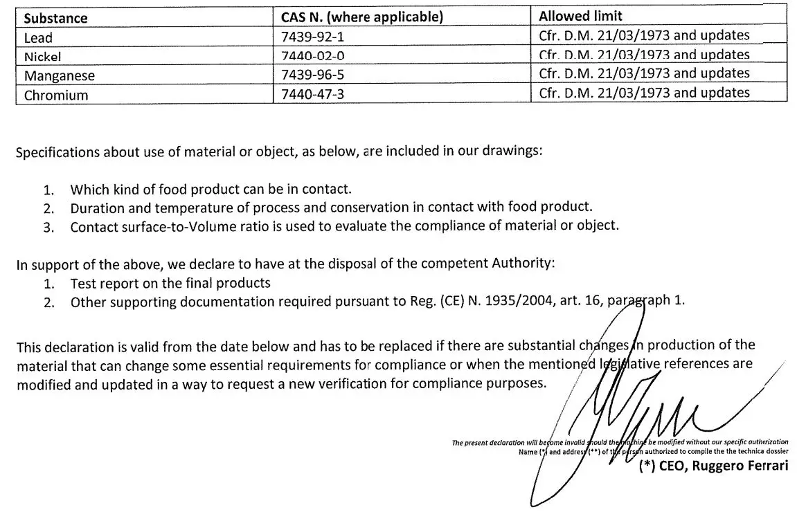 RANCILIO 019-CLASSE9S3 Document Set Classe 9 Espresso Machine Datasheet - Substances restricted