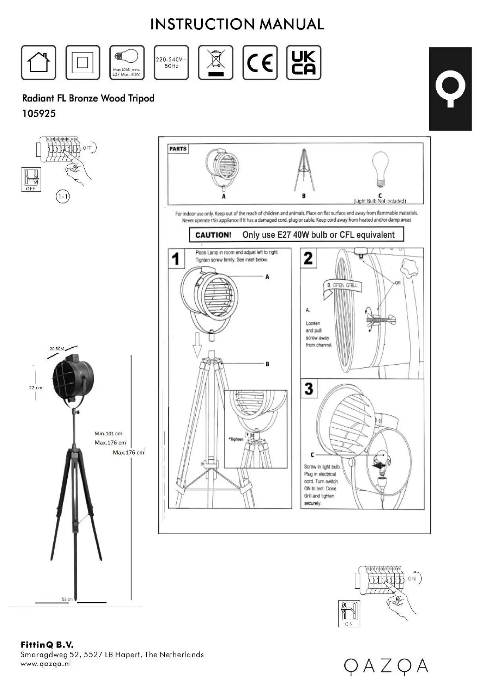 QAZQA 105925 Radiant FL Bronze Wood Tripod Instruction Manual