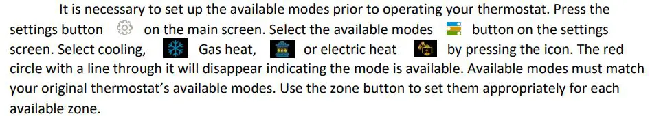 micro-Air ASY-354-X02 EasyTouch RV 354 Touchscreen Thermostat User Manual - Setting the available modes