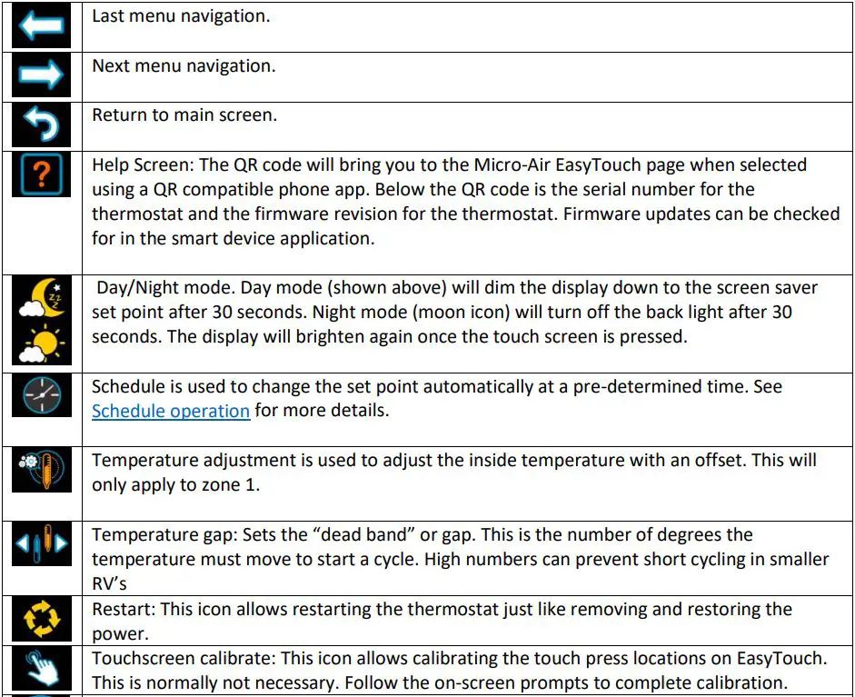micro-Air ASY-354-X02 EasyTouch RV 354 Touchscreen Thermostat User Manual - Settings Screen