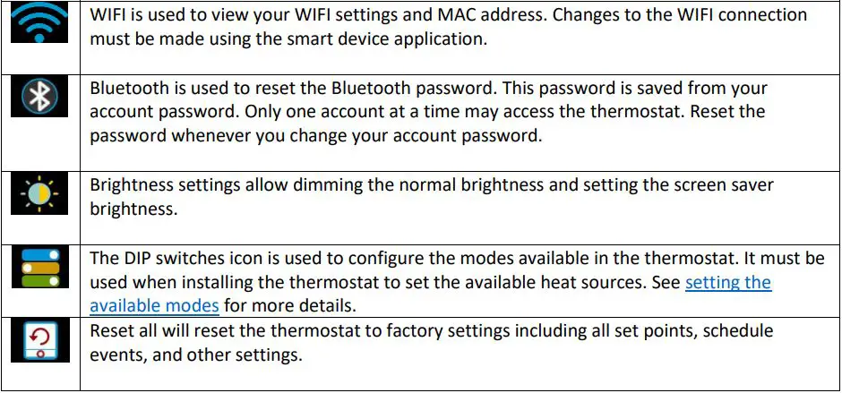 micro-Air ASY-354-X02 EasyTouch RV 354 Touchscreen Thermostat User Manual - Settings Screen