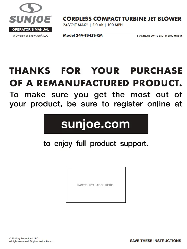SUNJOE 24V-TB-LTE-RM Cordless Compact Turbine Jet Blower User Manual