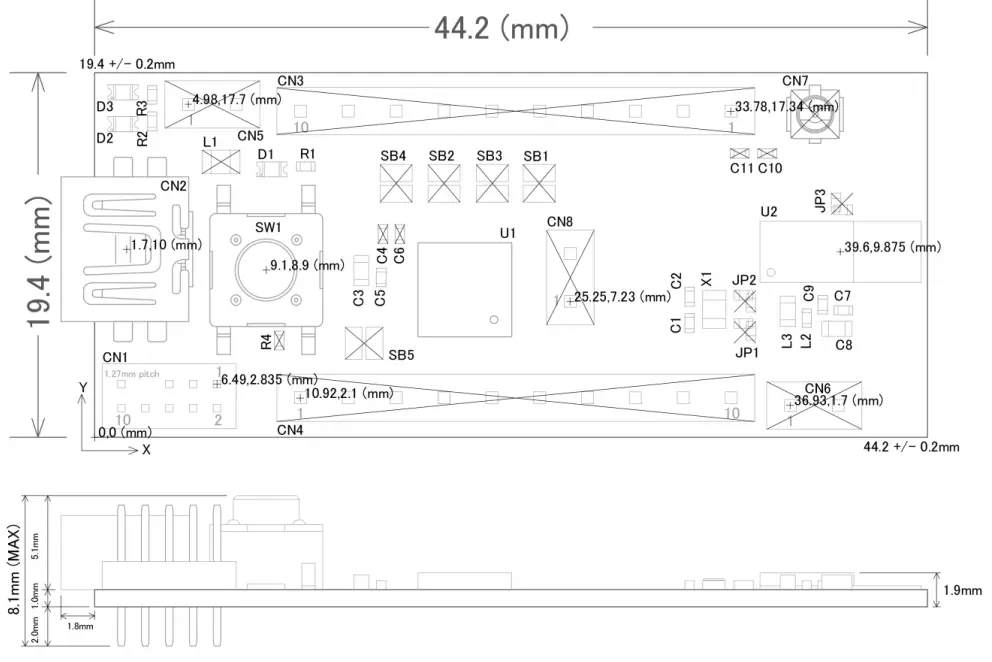 TAIYO YUDEN EYSHSN Series Bluetooth Low Energy Module - Size and Coordinate information