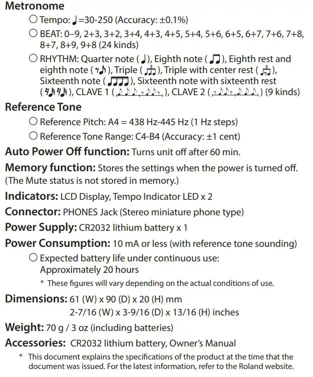 BOSS DB-30 Dr Beat metronome Owner's Manual - Main Specifications