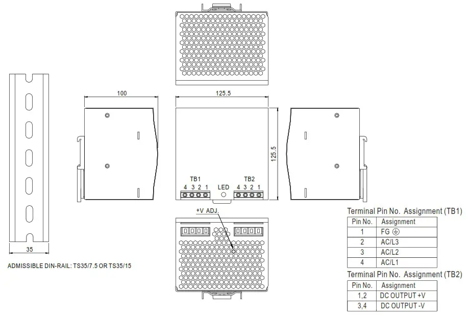 MEAN WELL DRT 240 Series 240W Three Phase Industrial DIN RAIL Power Supply - Mechanical Specification