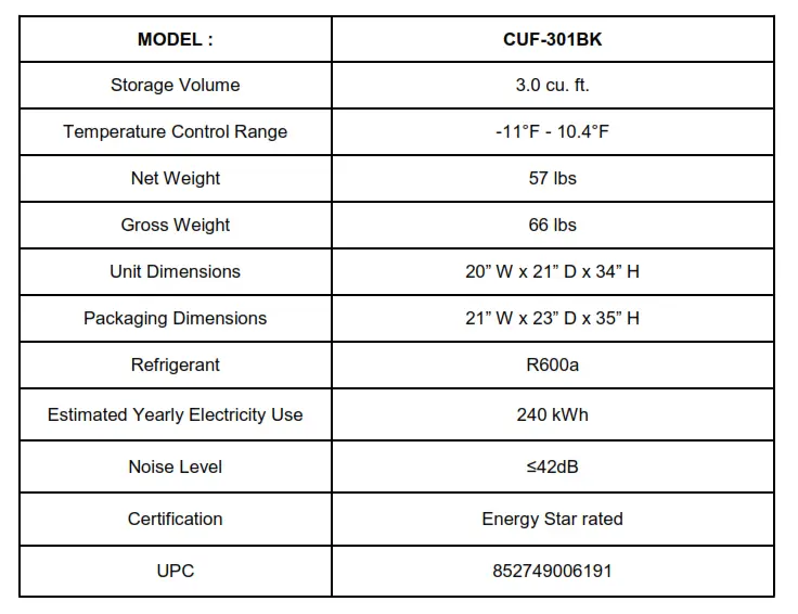 Whynter 3.0cu.ft. Energy Star Upright Freezer - TECHNICAL DATA