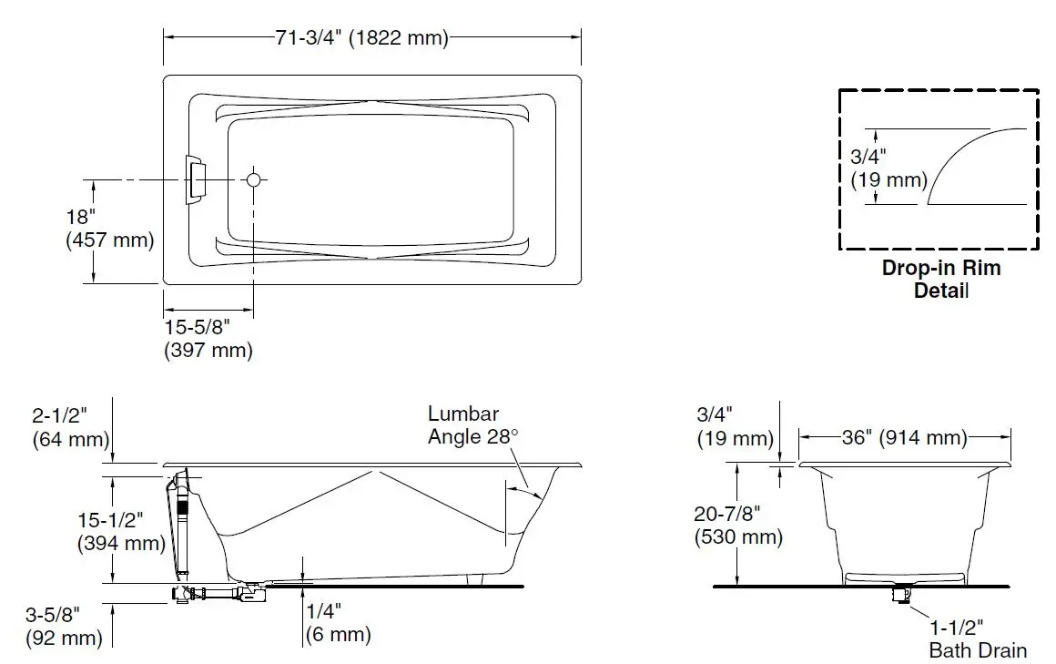 KOHLER-K-863-Tea for Two-71-3 by 4 x 36 Inches-Drop In Commercial Bath-2