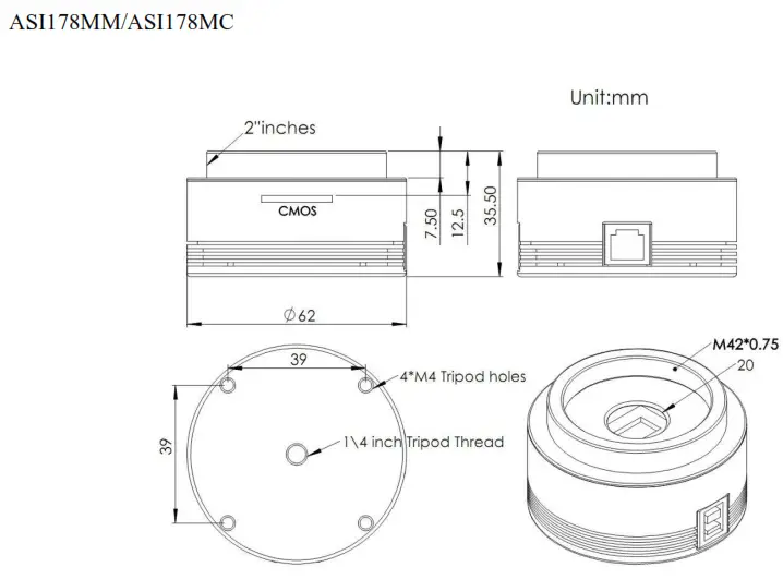 ZWO ASI178 USB 3 0 Colour Camera - Mechanical drawing