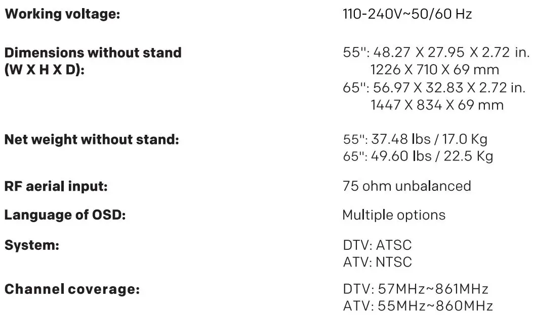 SKYWORTH 55XC9000 55 Inch Diagonal Class OLED Smart TV User Guide - Specification