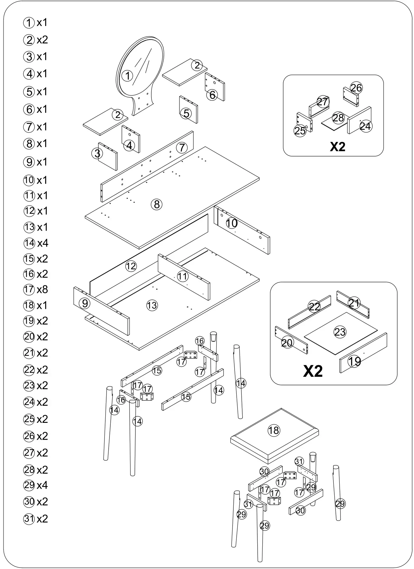 HOMEDEPOT G52000776 4-Drawer Brown and Black Makeup Vanity Set with Lighted Mirror - Parts list