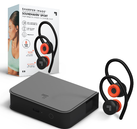 SHARPER IMAGE Soundhaven Sport True Wireless Earbuds with Qi Charging Cas