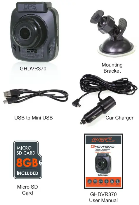 Gator GHDVR370 Dash Cam - pakage compotent