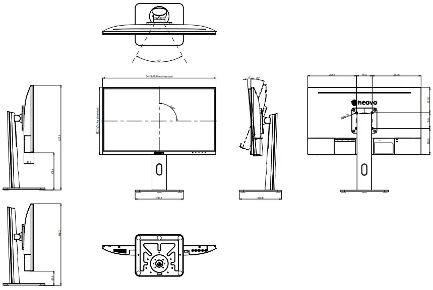 AG Neovo MH2402 24 Inch Full HD LCD Monitor with Ergonomic Stand - Display Dimensions 1