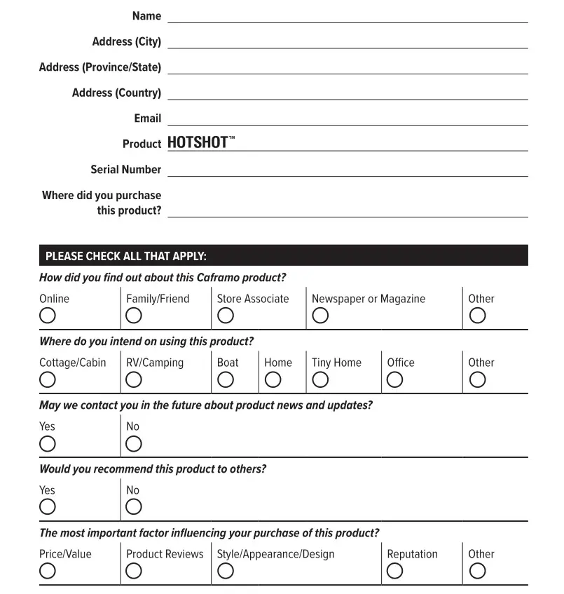 HotShot 9316CABBX Ceramic Heater - PRODUCT REGISTRATION