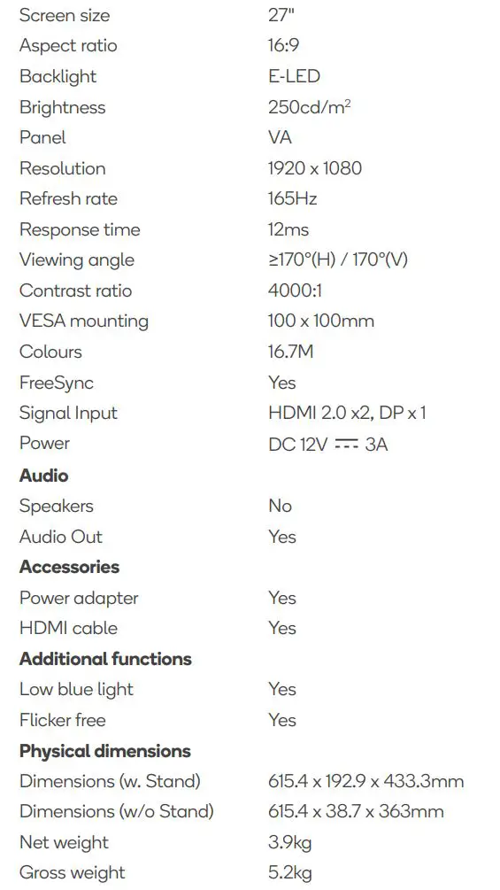 kogan KAMN27FG6TA 27 Inch Full Hd 165hz Freesync Gaming Monitor User Guide - SPECIFICATIONS
