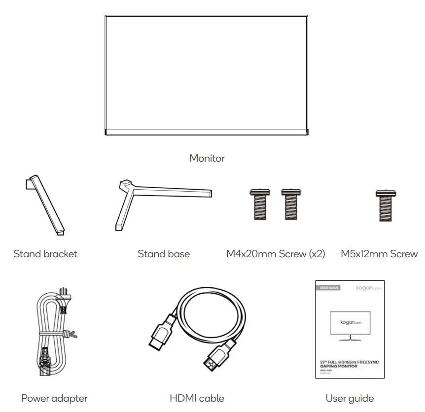 kogan KAMN27FG6TA 27 Inch Full Hd 165hz Freesync Gaming Monitor User Guide - What's in the box