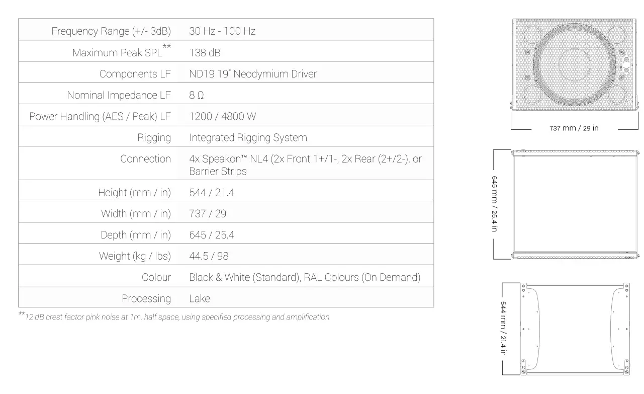 ADAMSON IS-Series IS119 Sub-Compact Subwoofer - Technical Specifications