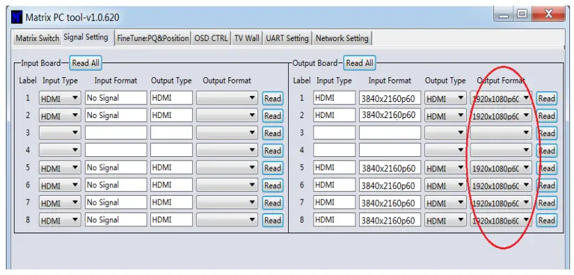 C4i MXB88H 8x8 Seamless UHD Matrix - Signal Setting