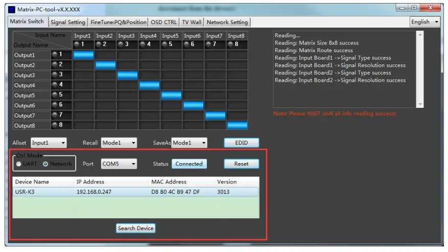 C4i MXB88H 8x8 Seamless UHD Matrix - UI after connected