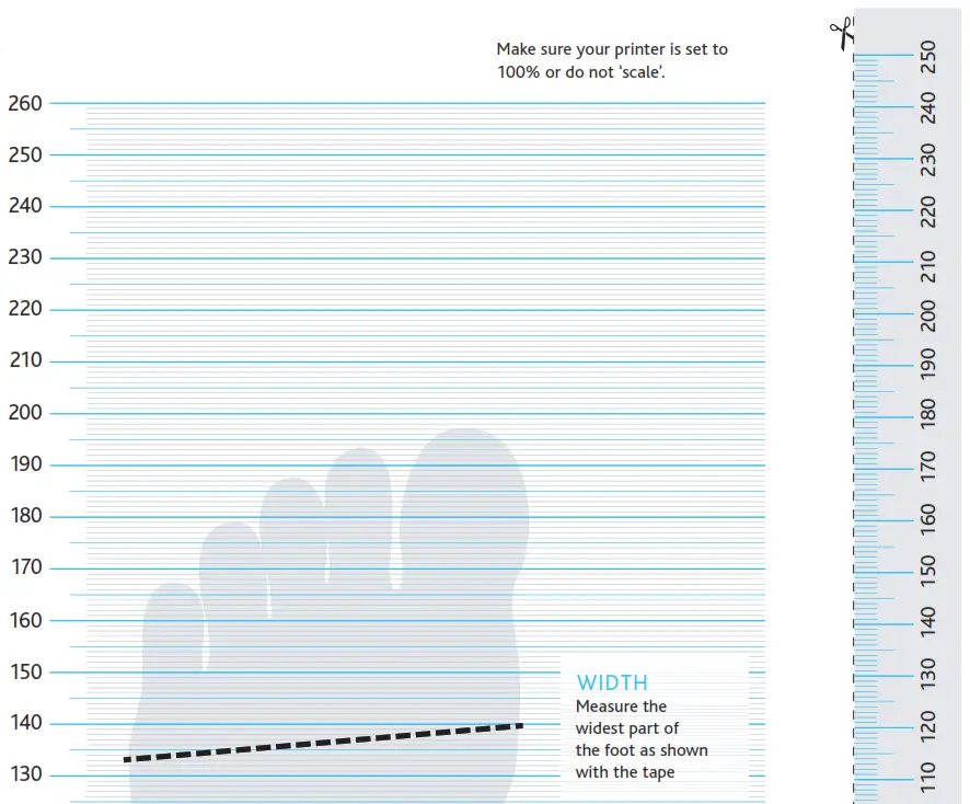 Measure the widest part of the foot as shown with the tape 1