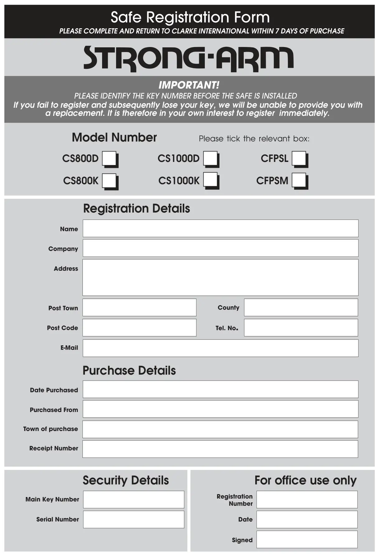 Clarke CS1000K 75.6 L Key Operated Safe - Safe Registration Form