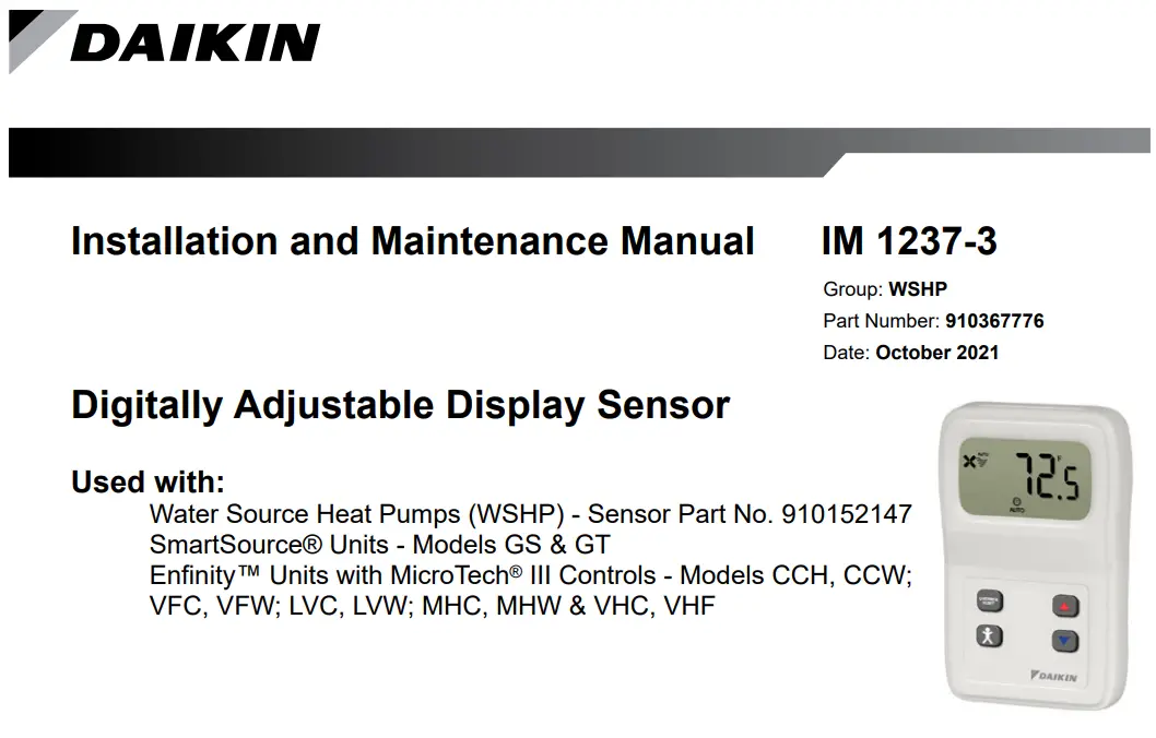 DAIKIN IM 1237-3 Digitally Adjustable Display Sensor Instruction Manual