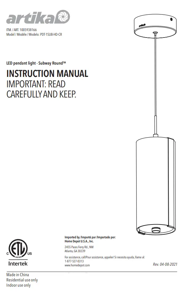 artika PDT-1SUB-HD-CR LED Pendant Light Subway Round Instruction Manual