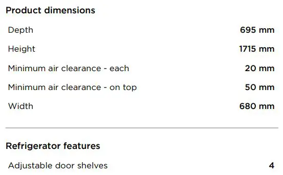 FISHER PAYKEL RF442BLXFD5 Freestanding Refrigerator Freezer User Guide - SPECIFICATIONS