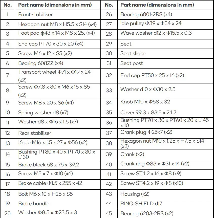 kogan FSMFWSPNBKA Magnetic Flywheel Spin Bike User Guide - Part List
