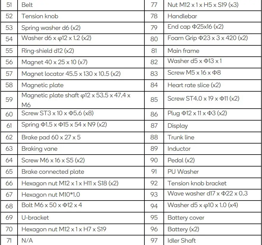 kogan FSMFWSPNBKA Magnetic Flywheel Spin Bike User Guide - Part List