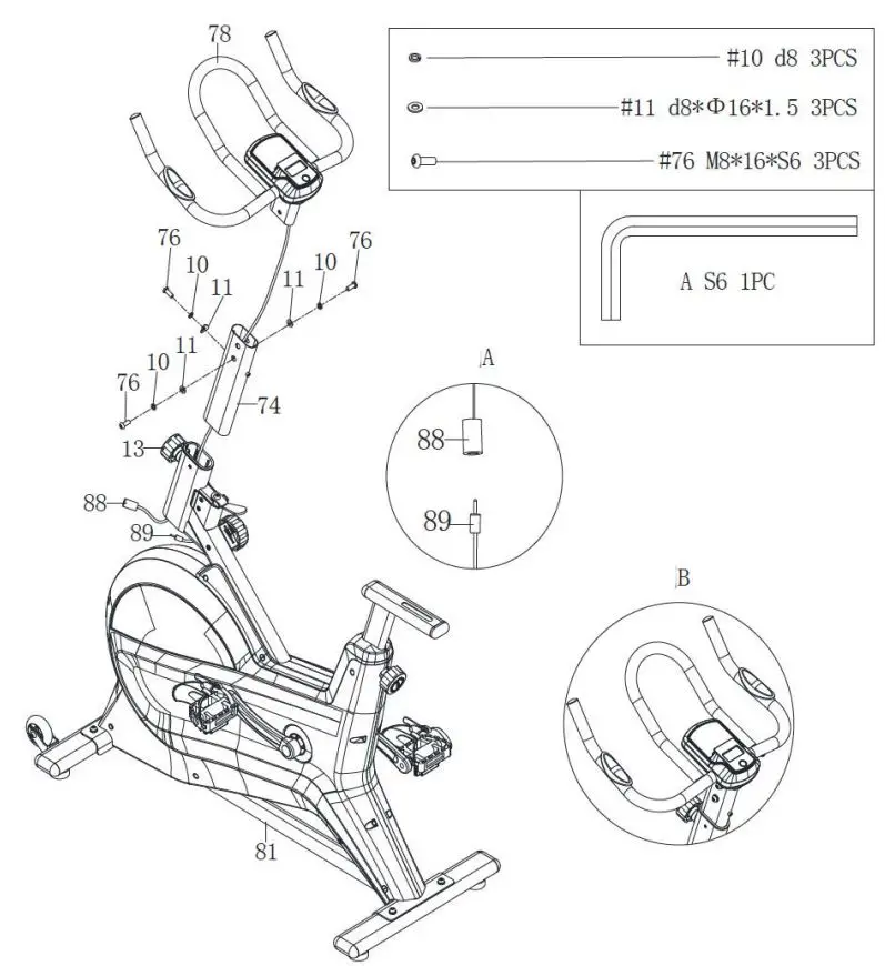 kogan FSMFWSPNBKA Magnetic Flywheel Spin Bike User Guide - Pass the Trunk line (88) through the Handlebar post