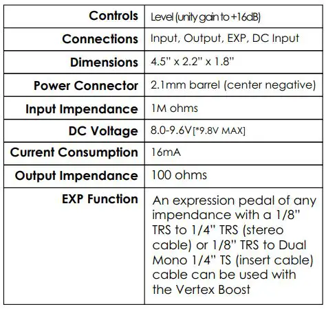 VERTEX Boost MKII Pedal User Manual - Specifications