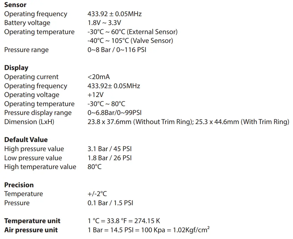 BLAUPUNKT TPMS HN1.0 Honda Plug and Play Instruction Manual - SPECIFICATIONS