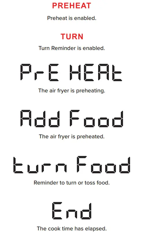 Gourmia 8QT Stainless Steel Digital Air Fryer GAF838 - DISPLAY MESSAGES