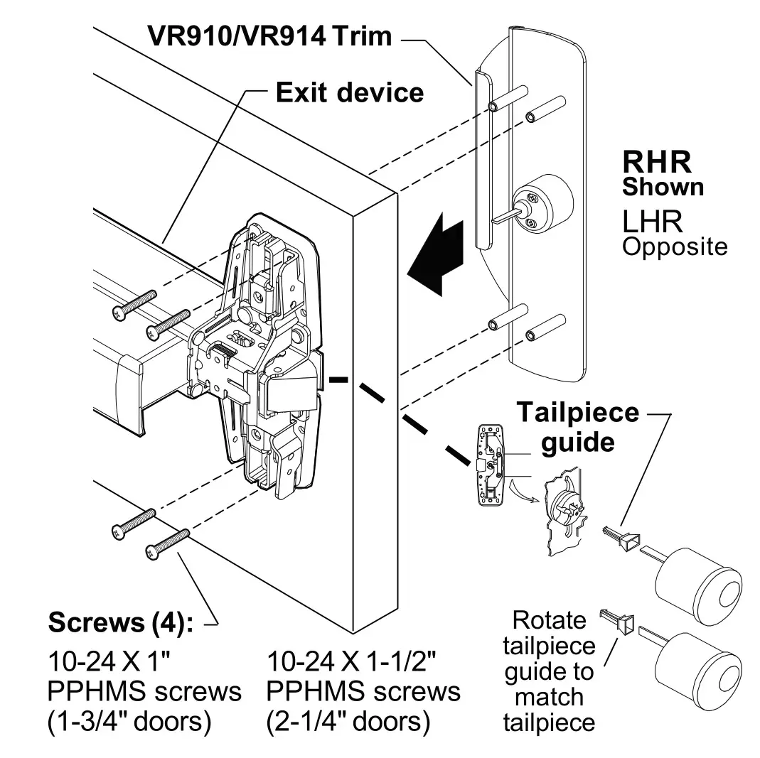 IVES VR910 Vandal Resistant Trim - Install exit device and trim (install tailpiece guide if using a cylinder)