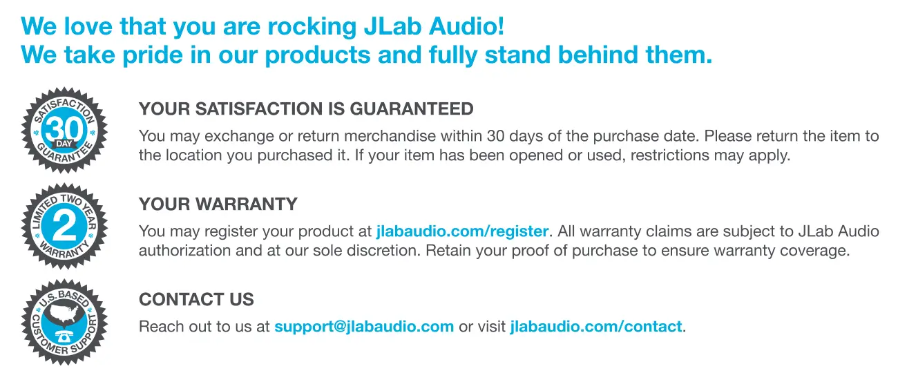JLab JBuds Band Earbuds User Manual - Warranty and Contact