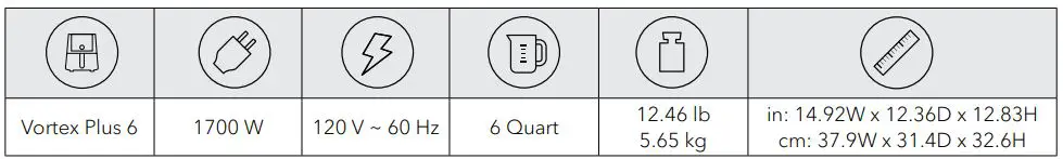 Instant B07VHFMZHJ 6 Quart Air Fryer User Manual - Product specifications