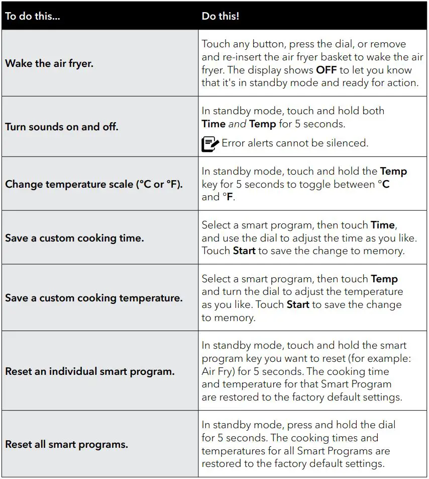 Instant B07VHFMZHJ 6 Quart Air Fryer User Manual - Settings
