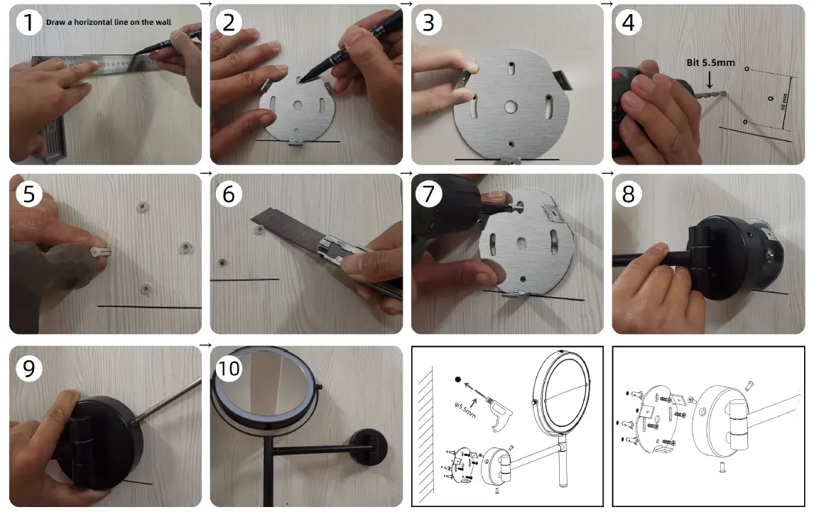 HOMEDEPOT 761016694491 Round Stainless Steel Framed 1X-10X Double-Sided and 360 Degree Swivel Wall Bathroom Vanity Mirror 12