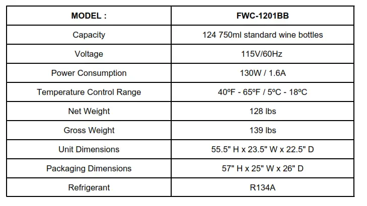 Whynter 124 Bottle Freestanding Wine Cabinet Refrigerator - TECHNICAL DATA