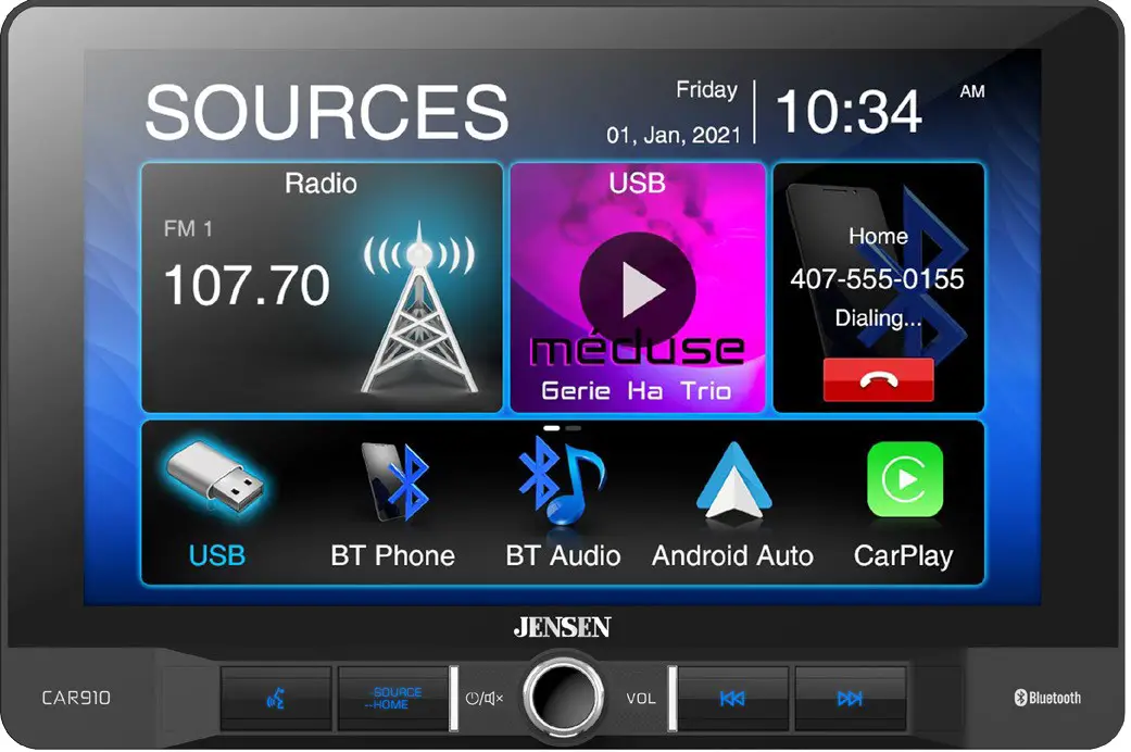 JENSEN CAR910 Multimedia Receiver with Android Auto and CarPlay featuring a digital TFT Display