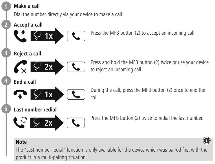 hama 00184146 My Voice 500 Bluetooth Mono Headset Instruction Manual - Hands-free function