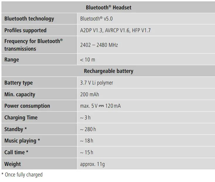hama 00184146 My Voice 500 Bluetooth Mono Headset Instruction Manual - Technical data