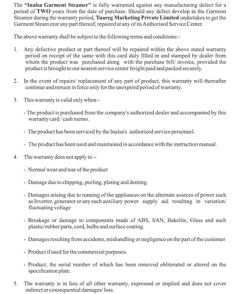 Inalsa Handy Steam Garmet Steamer - Warranty